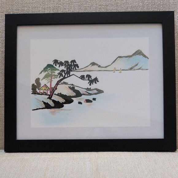 Framed Serene Coastal Scene Hand Cut Wheat Stalk Art on Silk - Picture 9 of 14